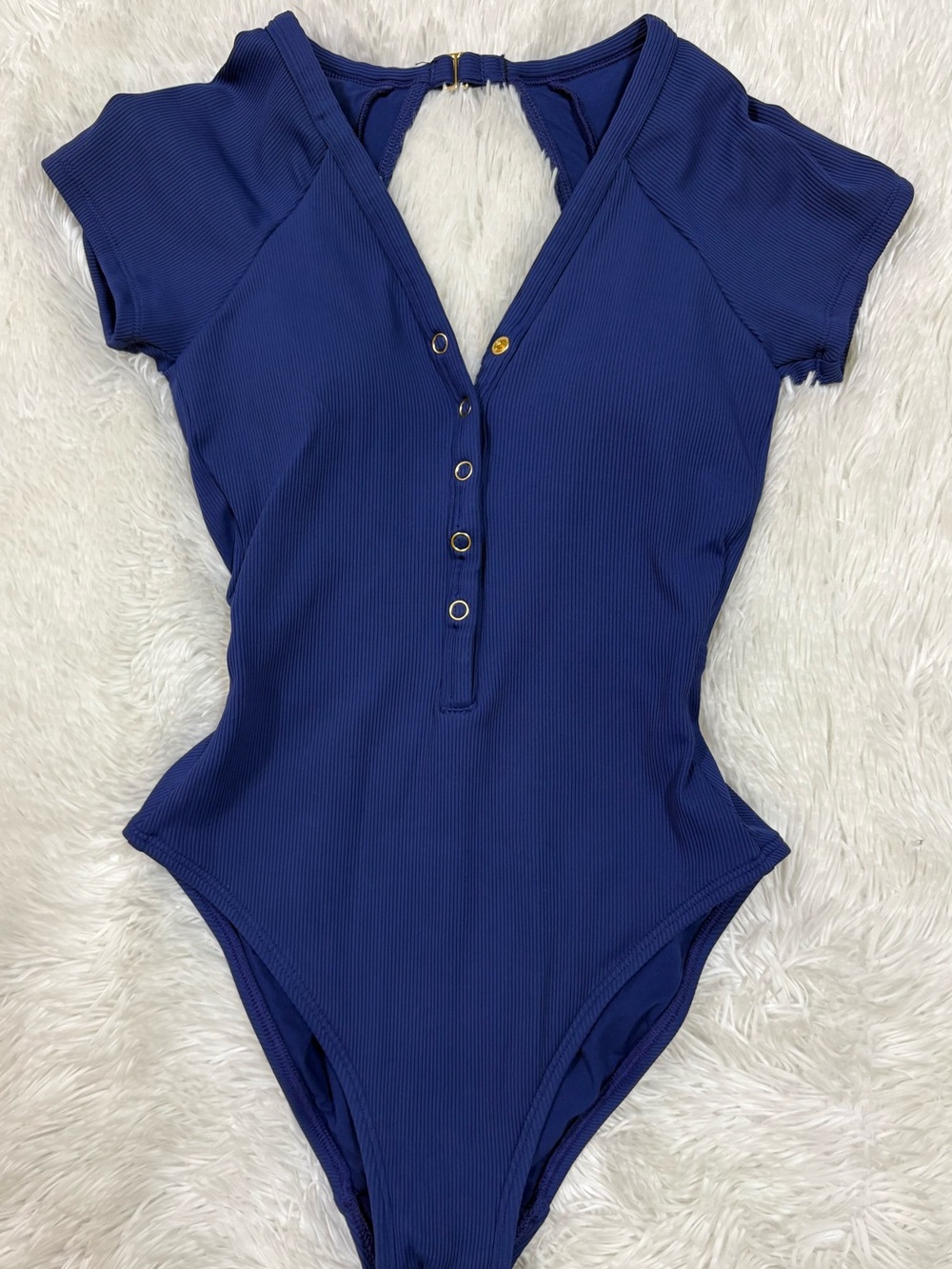 Robin Piccone Navy Ribbed Short-Sleeve One-Piece Bodysuit
